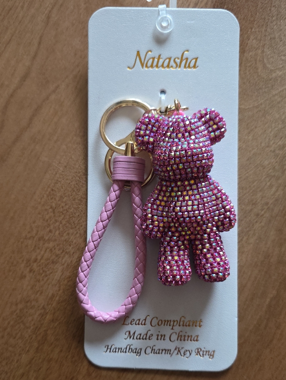 Viral Natasha Sparkling Rhinestones Bear Bag Charm/Key Ring with Pink Strap